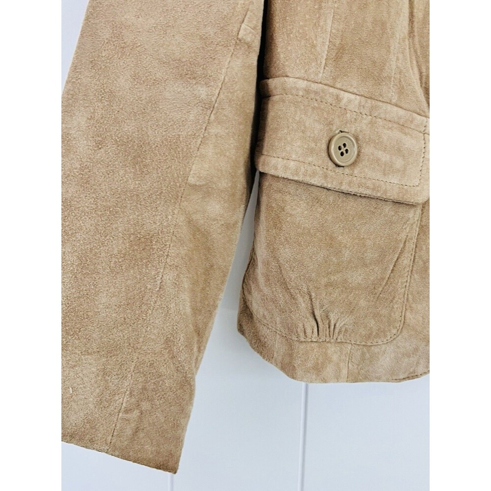 Vintage Liz Claiborne Brown 100% Suede Leather Satin Lined Button Up Jacket Med - Picture 3 of 8
